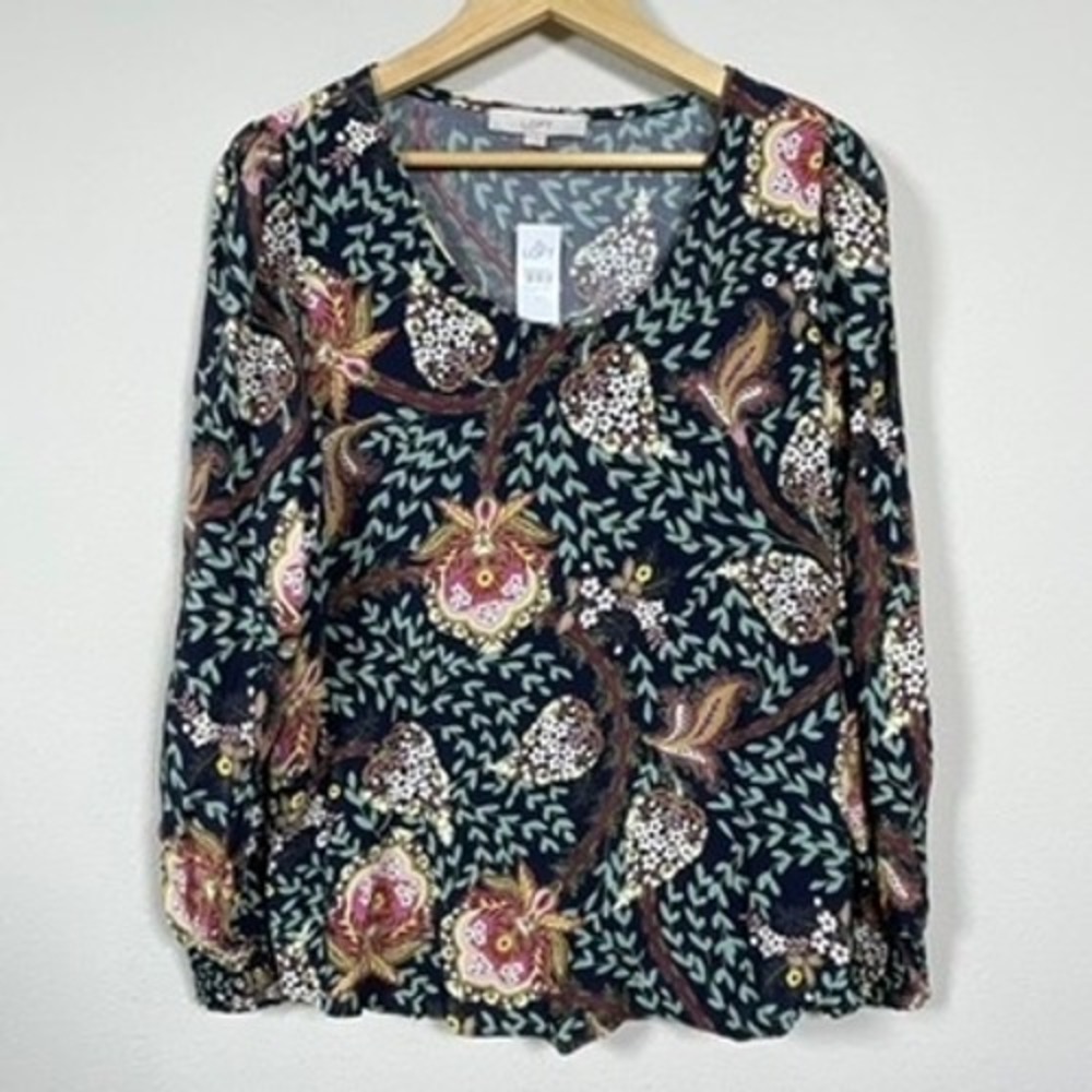 Loft Blouse Womens Medium Navy Blue Floral Paisley NWT Long Sleeve Smocked Cuff